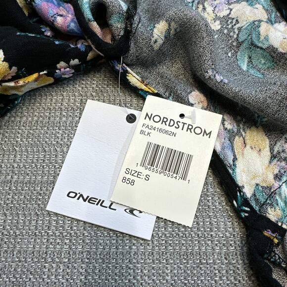 O'Neill Mini Dress Womens Small Alta Black Floral Open Back Puff‎ Sleeve Cottage - Picture 3 of 7